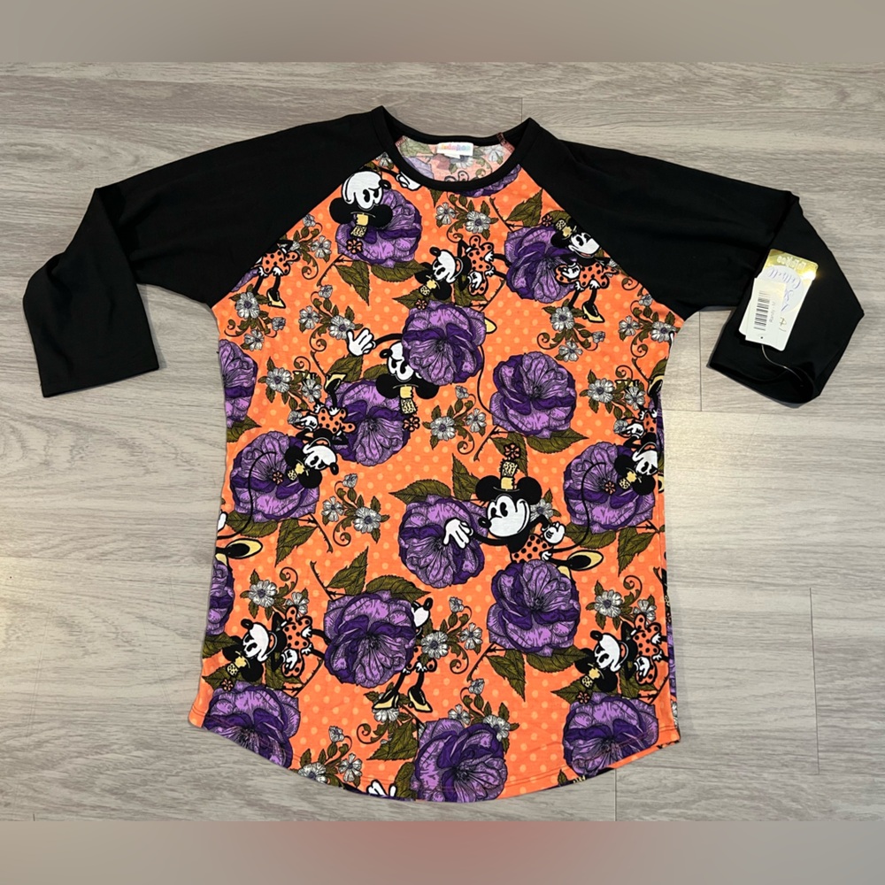 LuLaRoe Disney Randy Tee Medium NWT Minnie Mouse Purple Floral Raglan Shirt